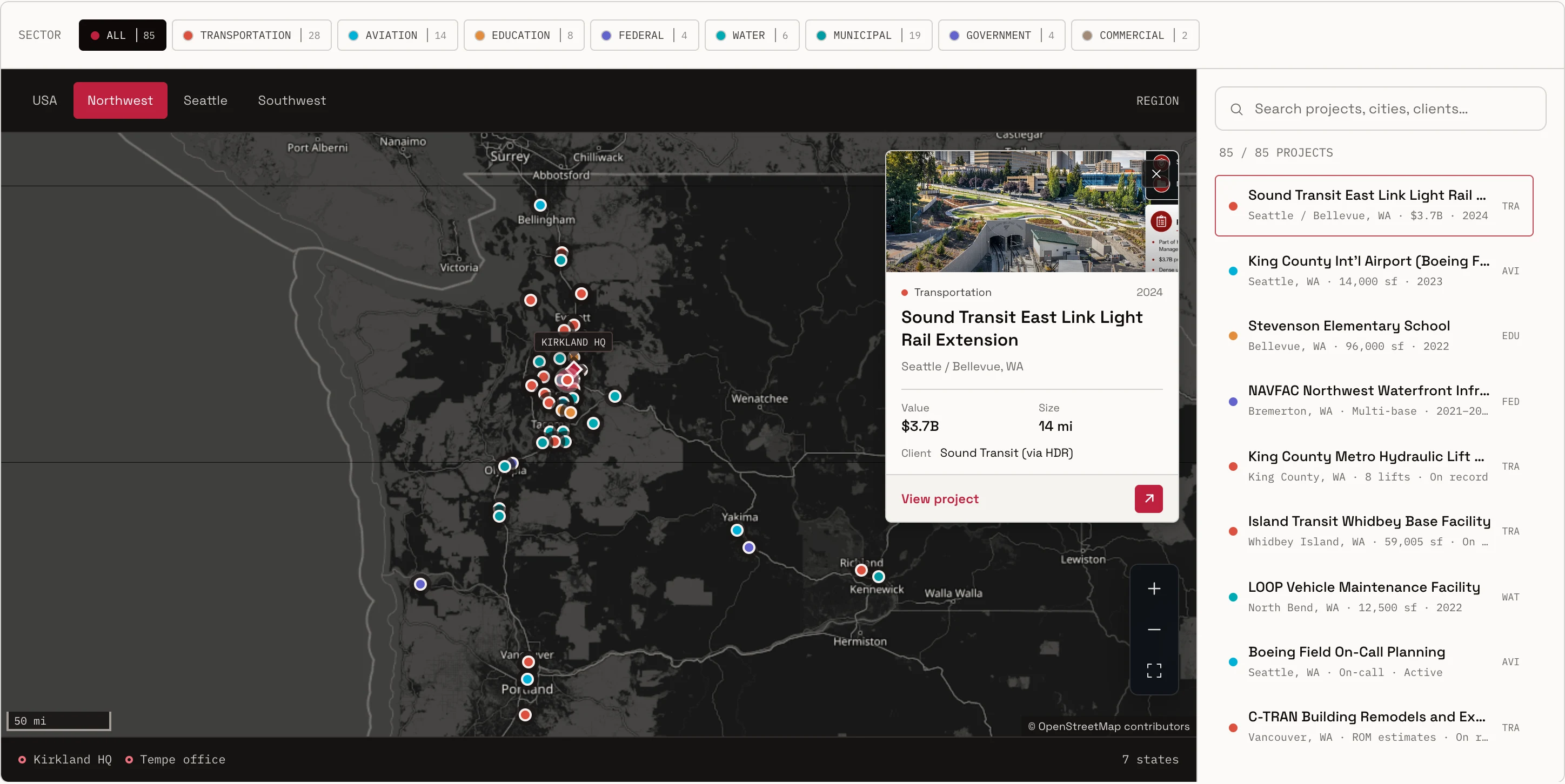 The ProDims project portfolio: Pacific Northwest locations, sector filters, and project details